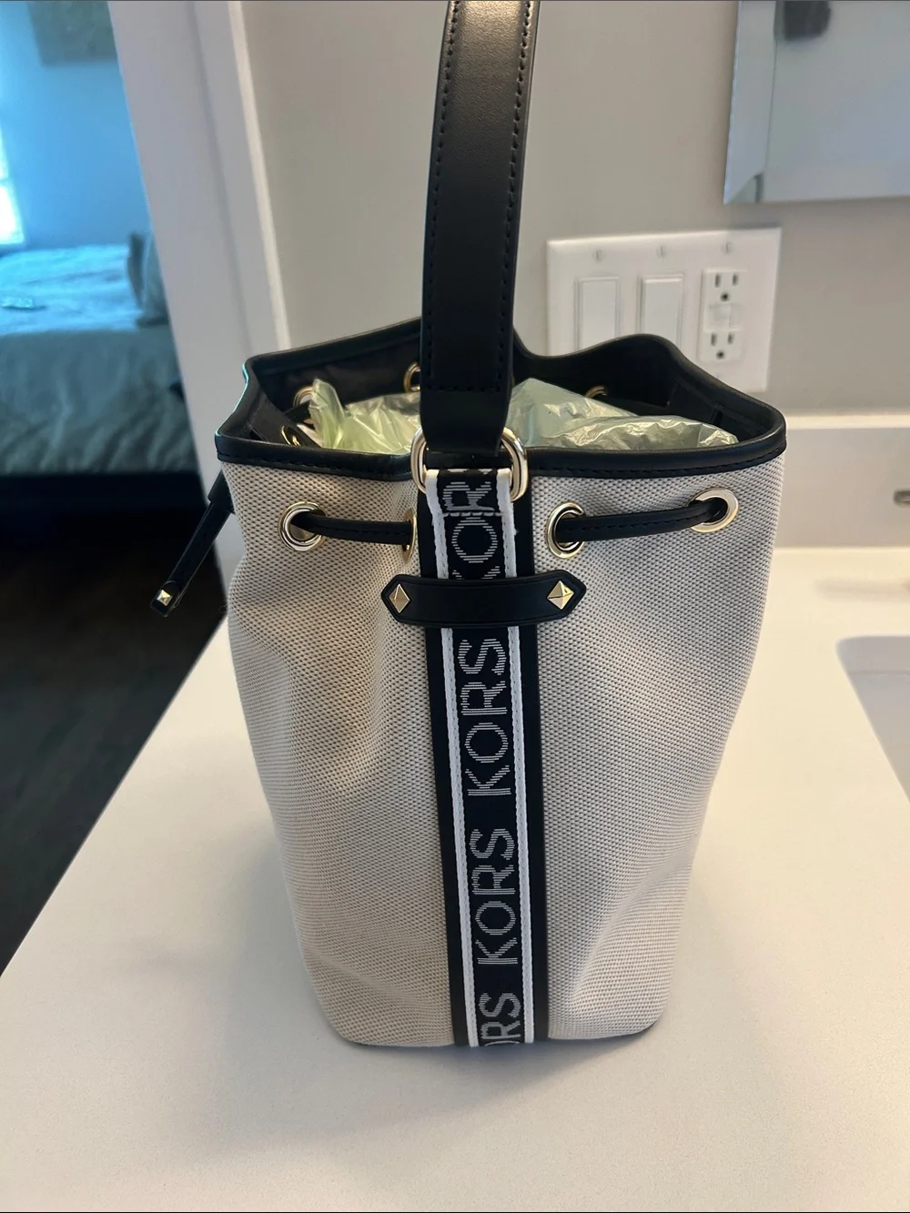 Michael Kors Cream and Black Drawstring Shoulder Bucket Bag